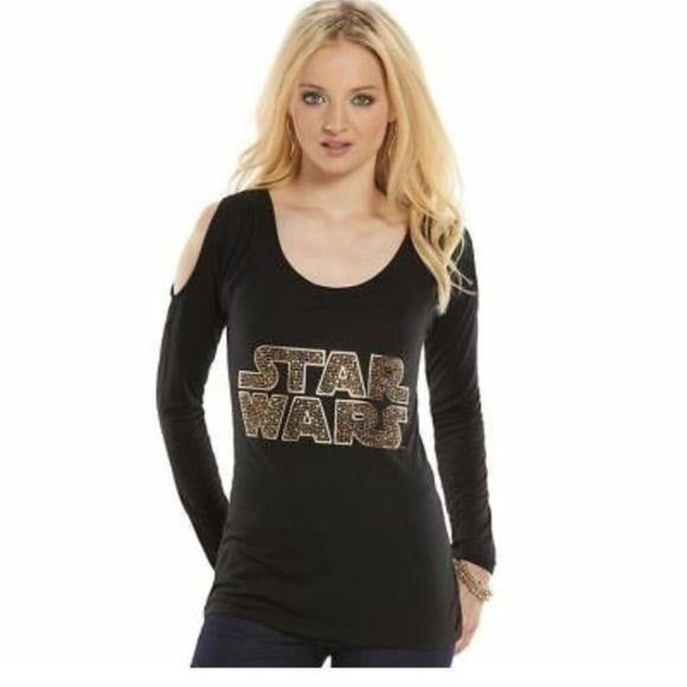 Star Wars Womens Top Black L Cold Shoulder Embellished Long Sleeve Top